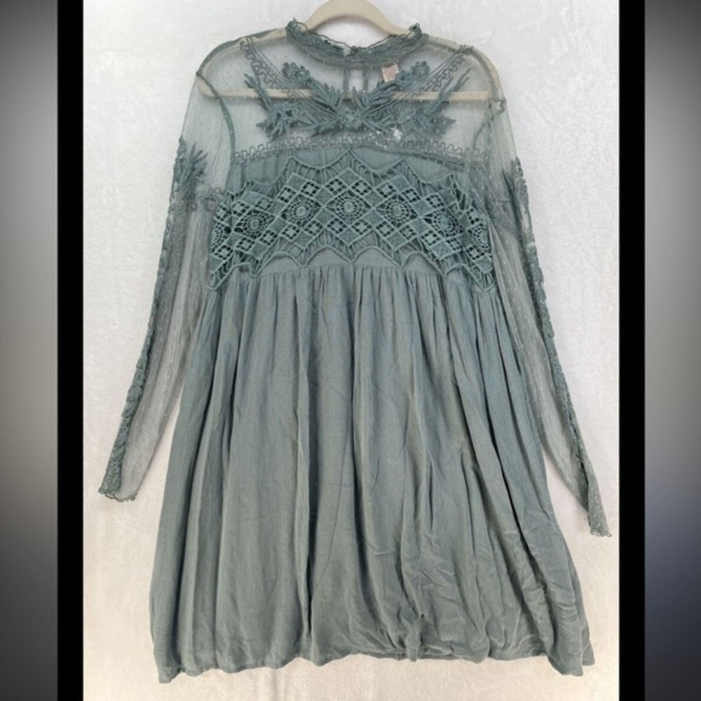 Sundance Sz 6 Victorian Romance Lace Rayon Flowy Long Sleeve Dress Dusty Blue